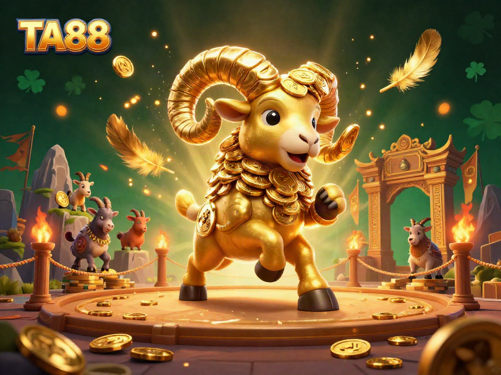 Experience the excitement of TA88 with dynamic golden ram characters amidst thrilling casino elements.