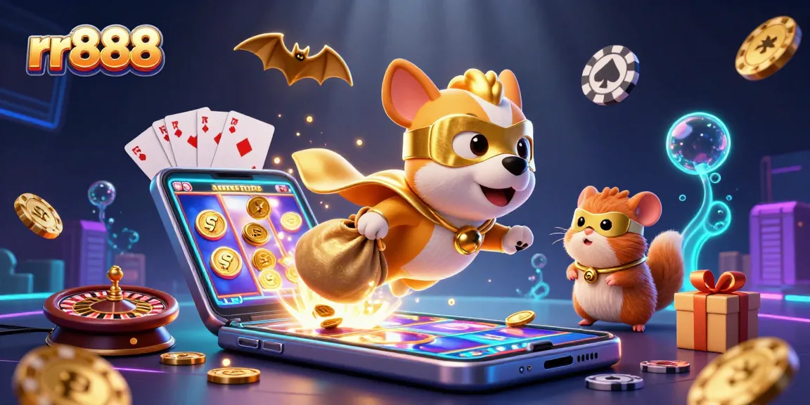 Experience thrilling gameplay with rr888 as a superhero dog carries gold coins amidst a dynamic casino adventure.