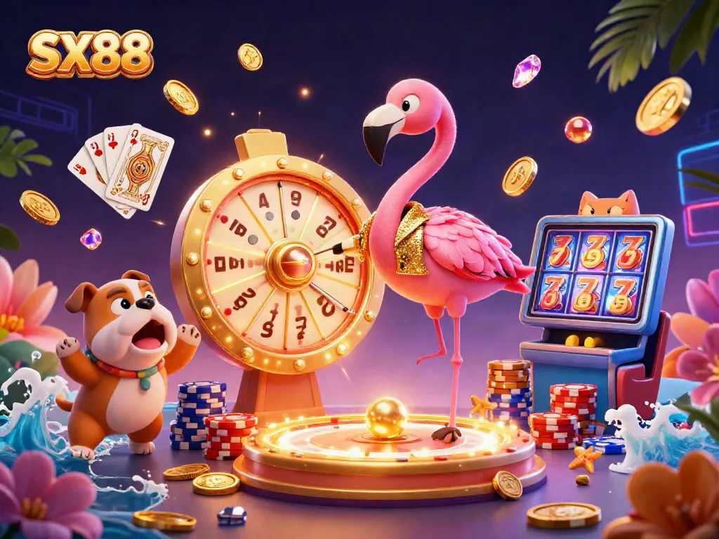 SX88's engaging casino scene showcases a flamingo game show host spinning a prize wheel surrounded by vibrant casino elements.