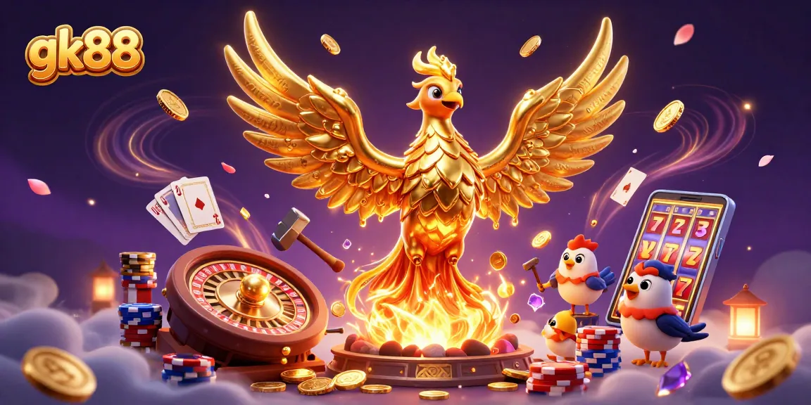 Experience thrilling wins at gk88 with a golden phoenix and electrifying casino elements in a vibrant scene.