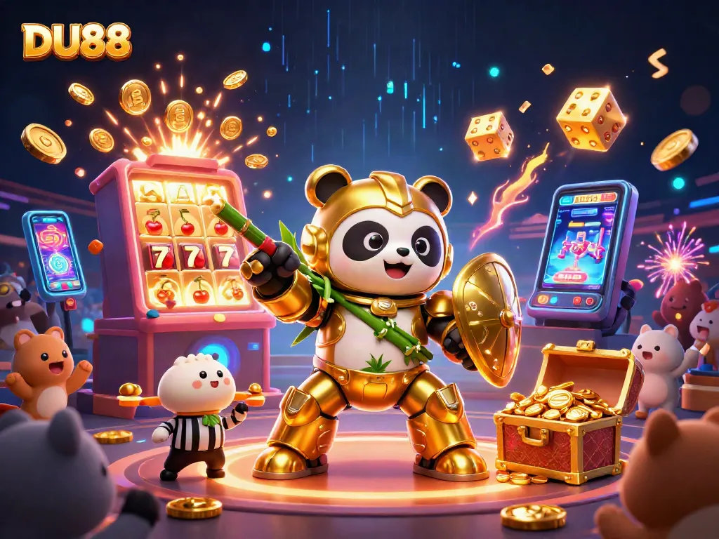 Experience thrilling gameplay with DU88 as the golden panda battles in a vibrant casino arena.