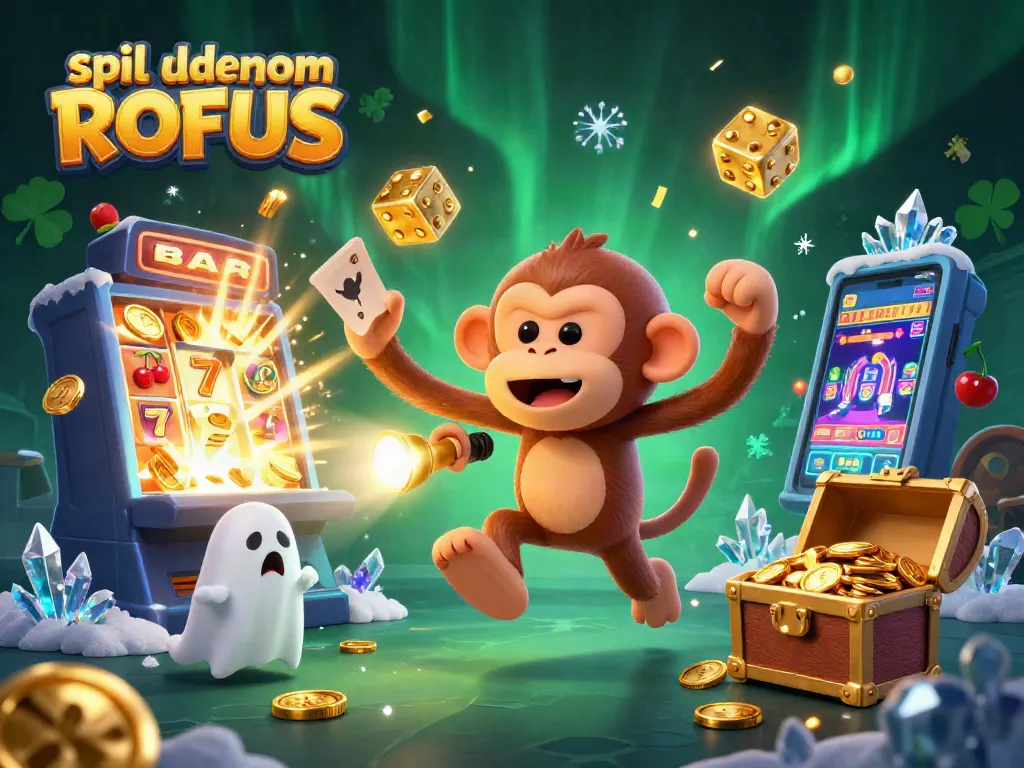 Engage in spil uden om ROFUS at a vibrant casino with a curious puppy tracking a playful monkey amidst golden treasures.