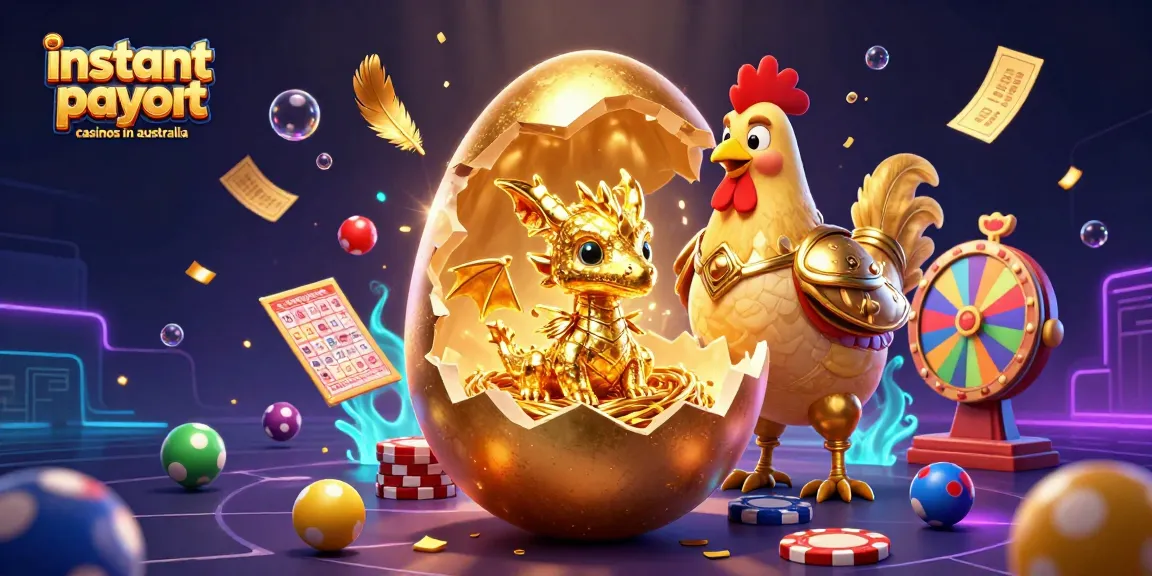 Engage with instant payout casinos in Australia featuring a golden dragon and vibrant lottery elements.