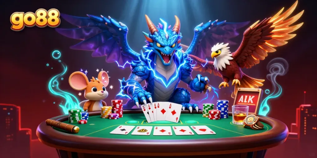 Experience thrilling poker gameplay with go88, featuring vibrant elements in a rich casino scene.