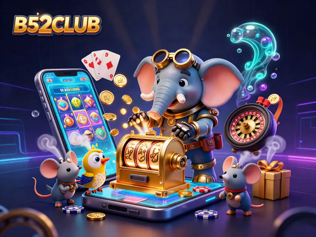 B52CLUB showcases a vibrant casino scene with a steampunk elephant engineer spinning reels and winning big.