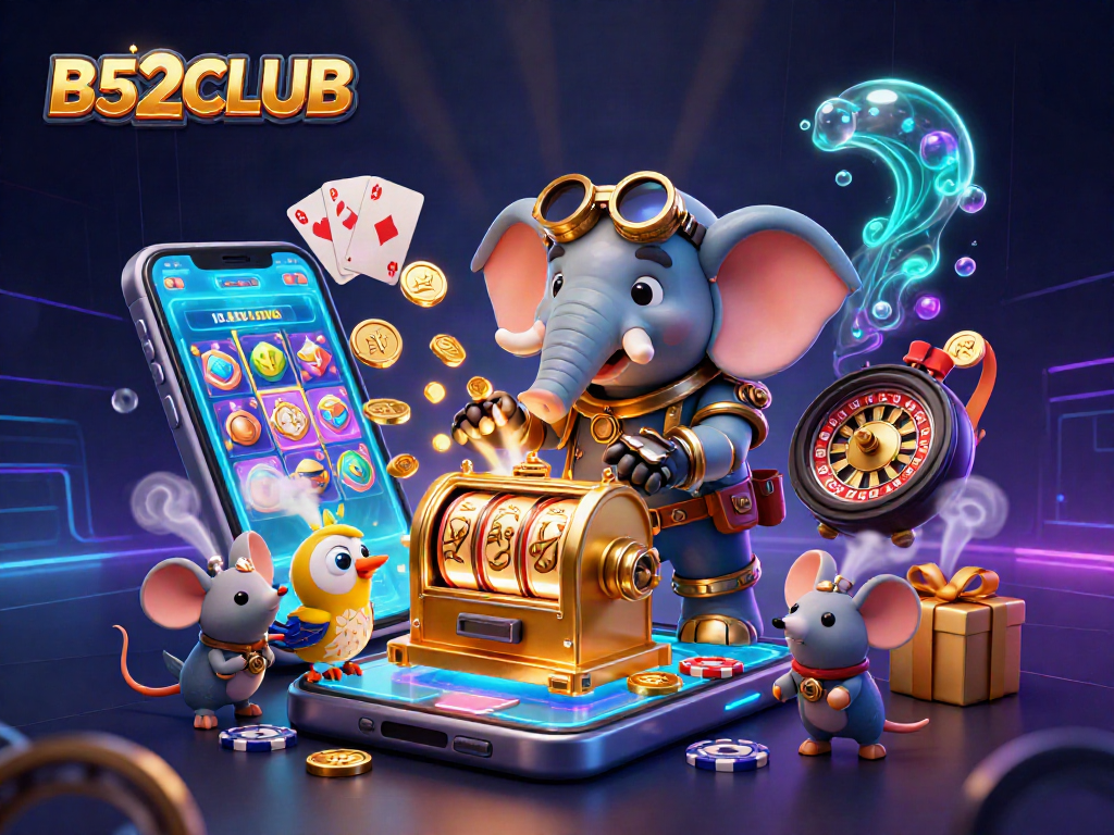 B52CLUB showcases a vibrant casino scene with a steampunk elephant engineer spinning reels and winning big.