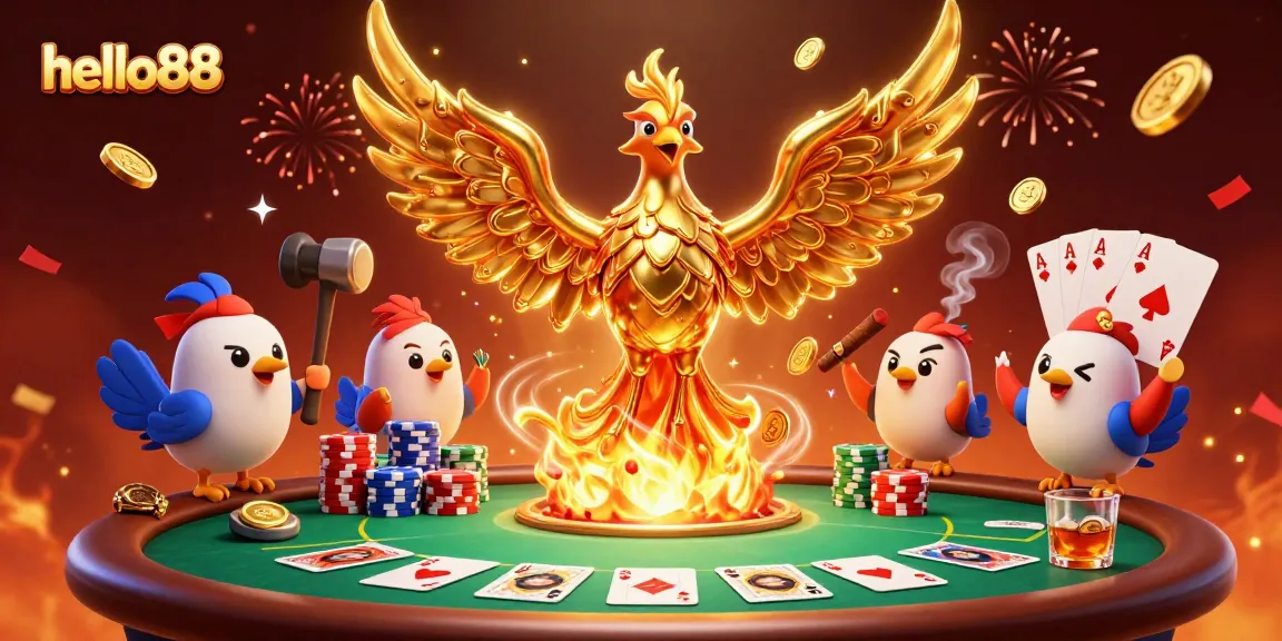 Engage with hello88's golden phoenix emerging, surrounded by poker elements and vibrant celebrations.