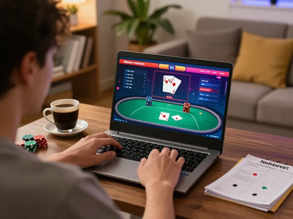 Nohu online poker game in progress with player strategically analyzing hands at home.