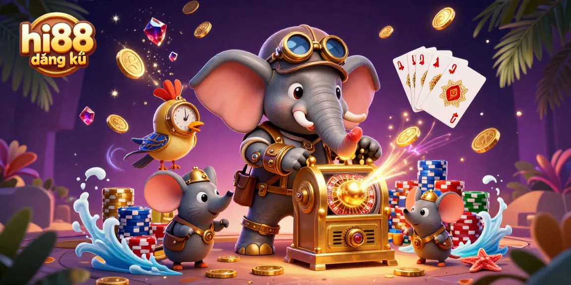 Spin to win with hi88 đăng ký in a vibrant casino scene featuring an engaging elephant engineer, spectacular casino elements, and dynamic energy.