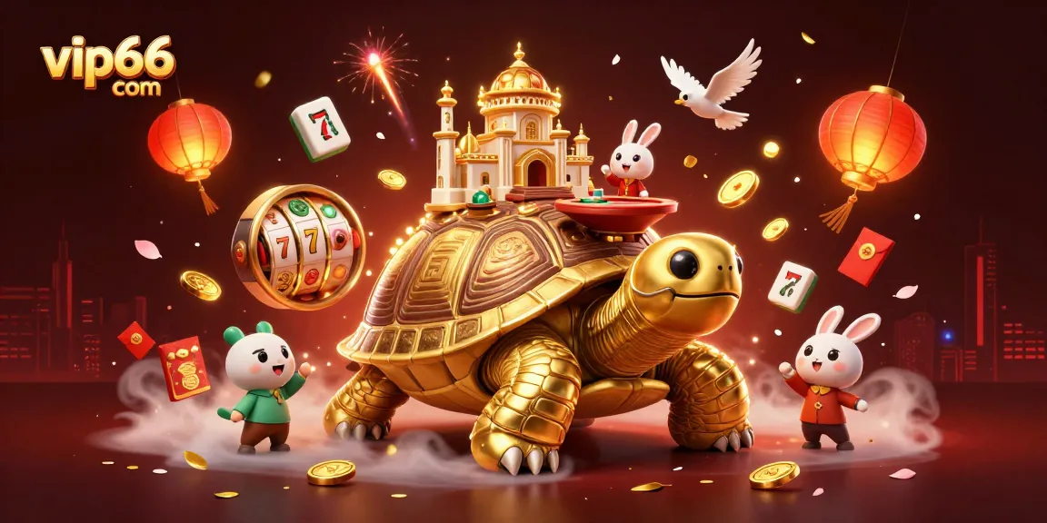 Experience winning chances with vip66 com animated scene featuring a golden tortoise casino and dynamic games.