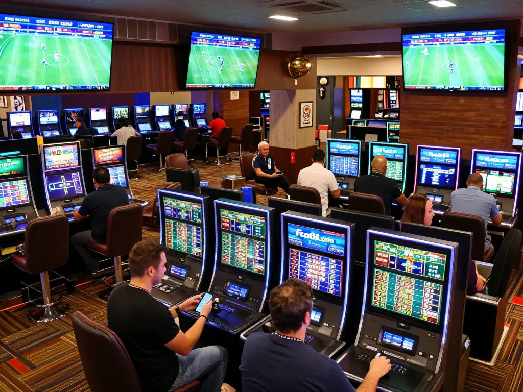 Excited bettors engaging with Fun88 com sportsbook, analyzing odds in a bustling casino setting.