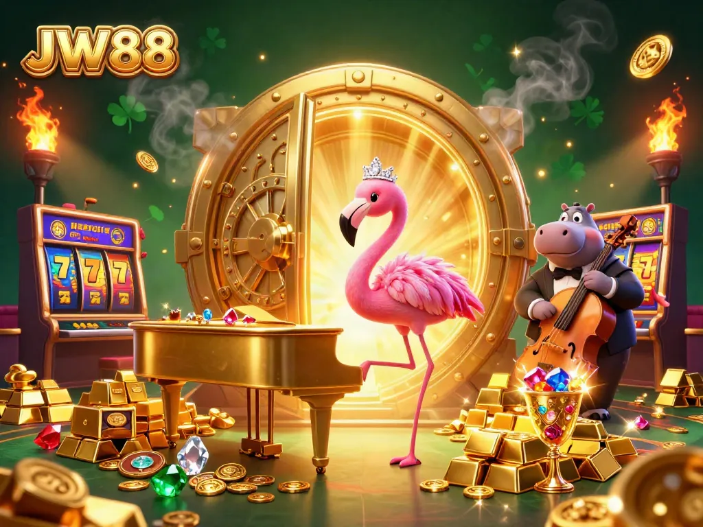 Experience winning strategies with JW88 in this vibrant casino scene featuring a flamingo singer.