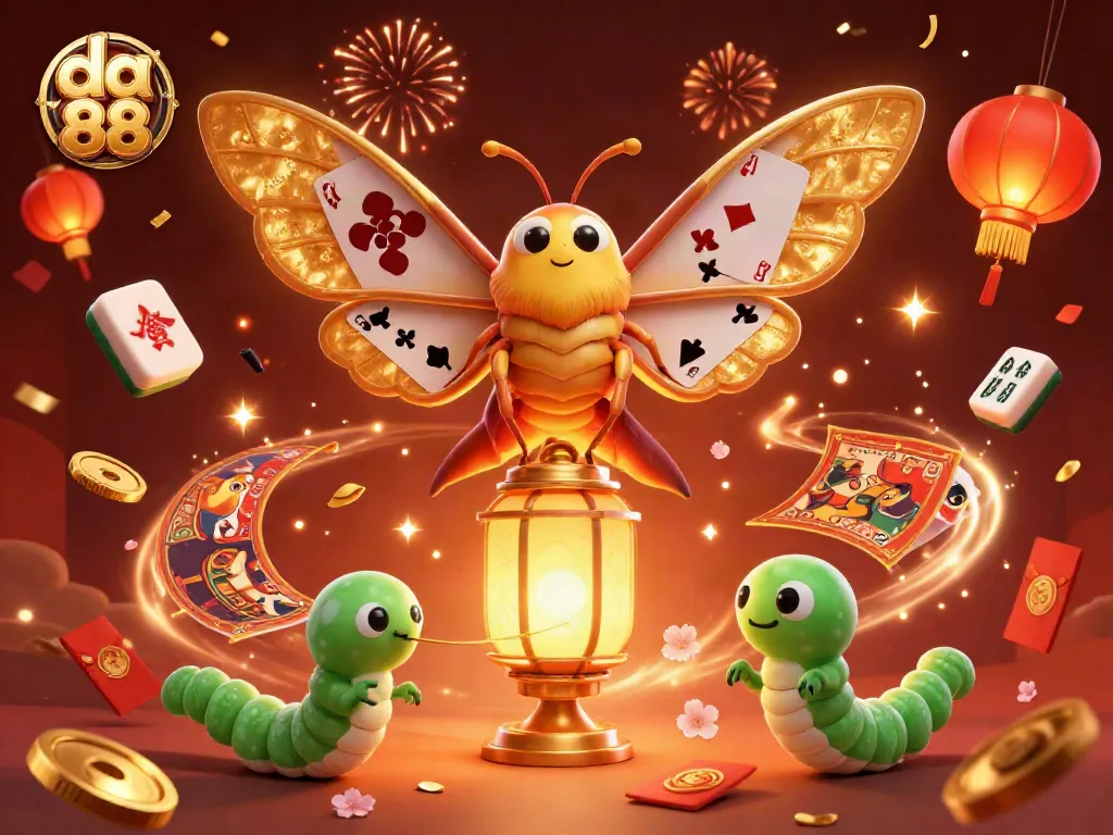Spin the reels at da 88 with vibrant casino elements and a lucky golden moth.