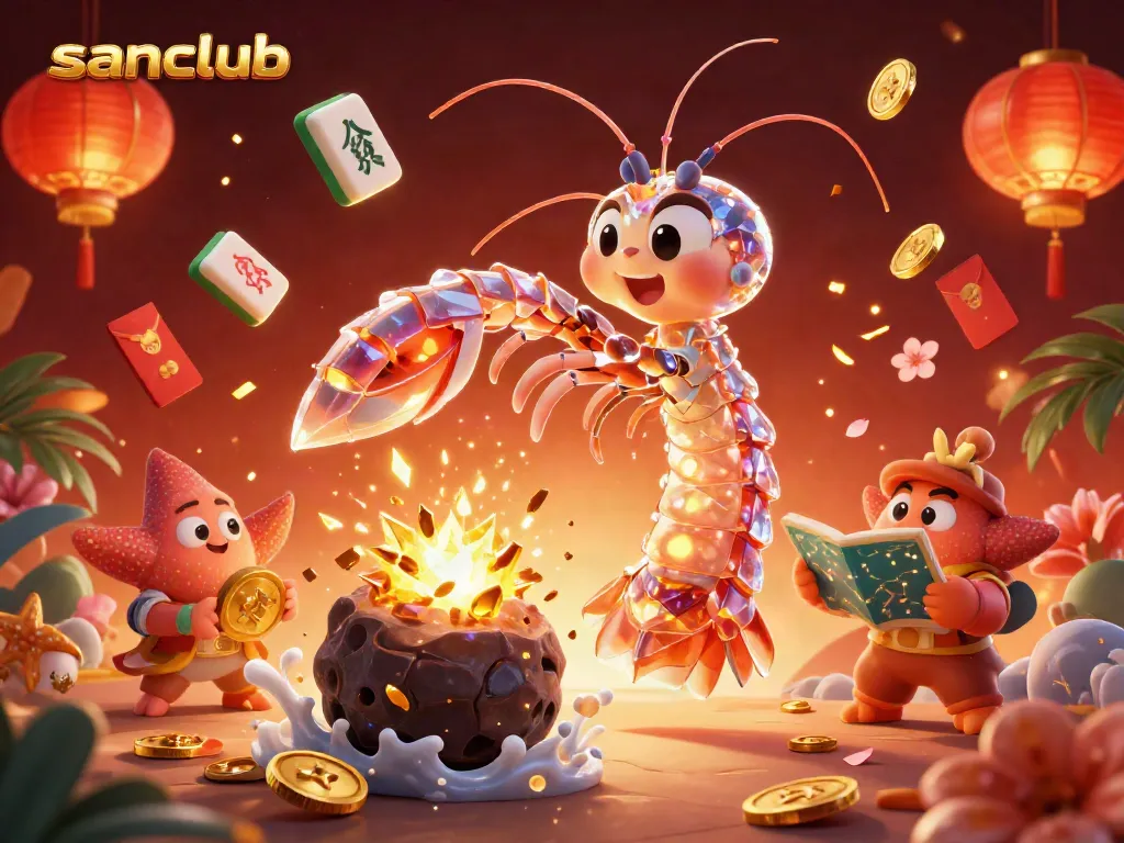 Engage with the vibrant world of sanclub, showcasing a fantasy scene with a mantis shrimp and dynamic gaming elements.