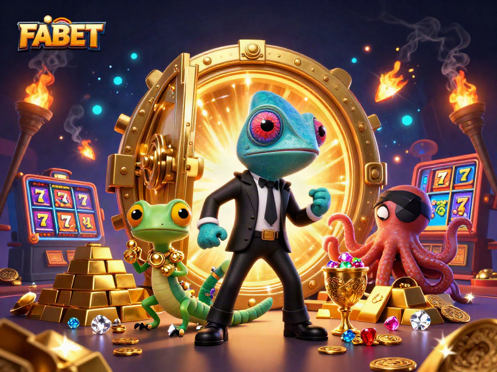 Engage with FABET in a vibrant casino scene featuring dynamic 3D cartoon characters and golden treasures.