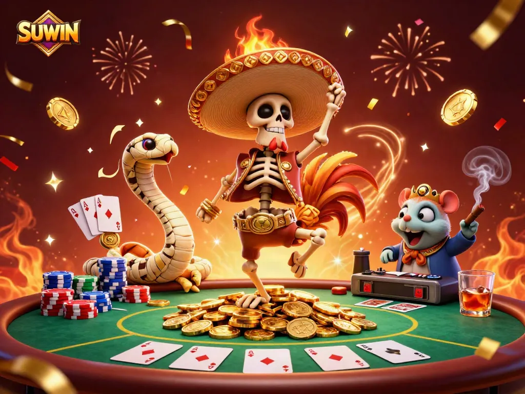 Suwin casino illustration showcasing a lively scene of gaming excitement with unique characters in action.