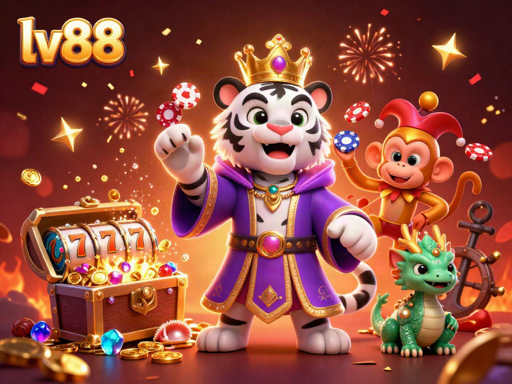 Play poker and win big with the vibrant lv88 casino scene featuring a royal tiger and lively characters juggling chips.