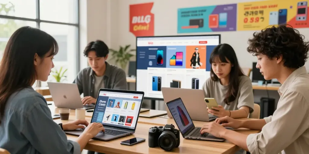 Shopping with rokok88 platform featuring diverse individuals engaging with vibrant product displays.