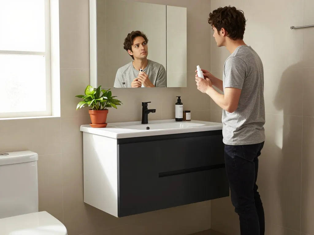 Ondiepe badkamerkast van https://vixxbadkamers.nl/badkamermeubel/ondiep met modern design in een stijlvolle kleine badkamer.