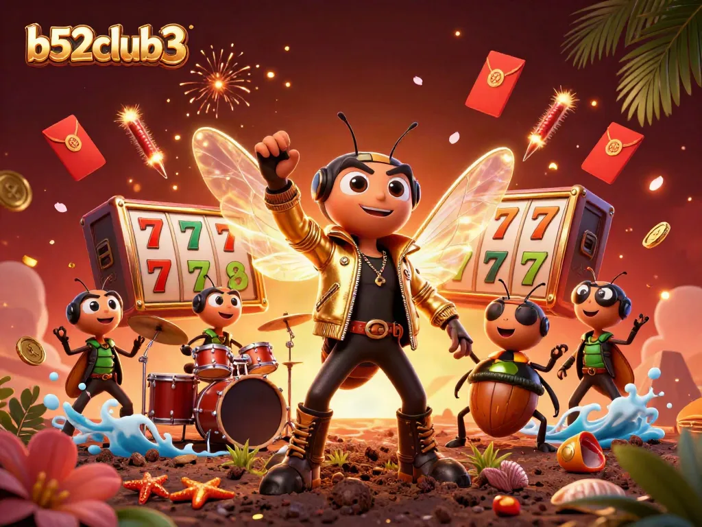 Experience the vibrant world of b52club3 with a lively casino scene featuring a rock star cicada and energetic elements.