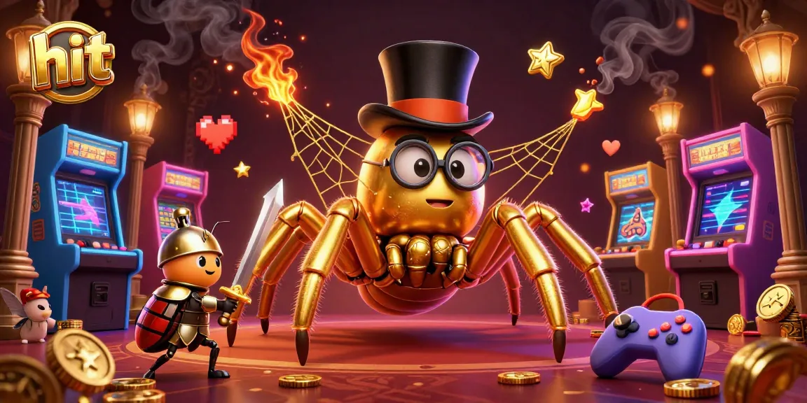 Hit the jackpot with a vibrant 3D scene of a golden tarantula, beetle knight, and arcade games.