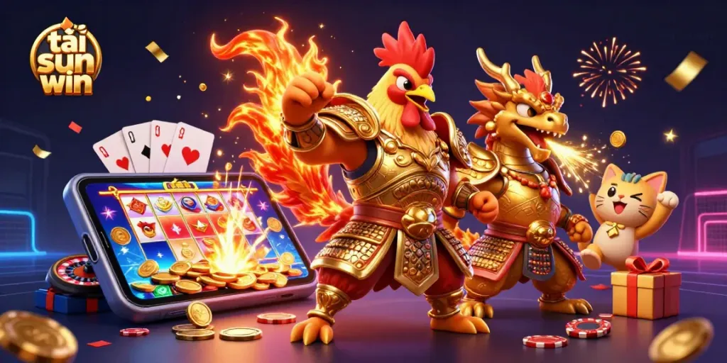 Engage in vibrant gaming action with the tải sun win mobile app, showcasing a warrior rooster and dragon surrounded by slot game excitement.