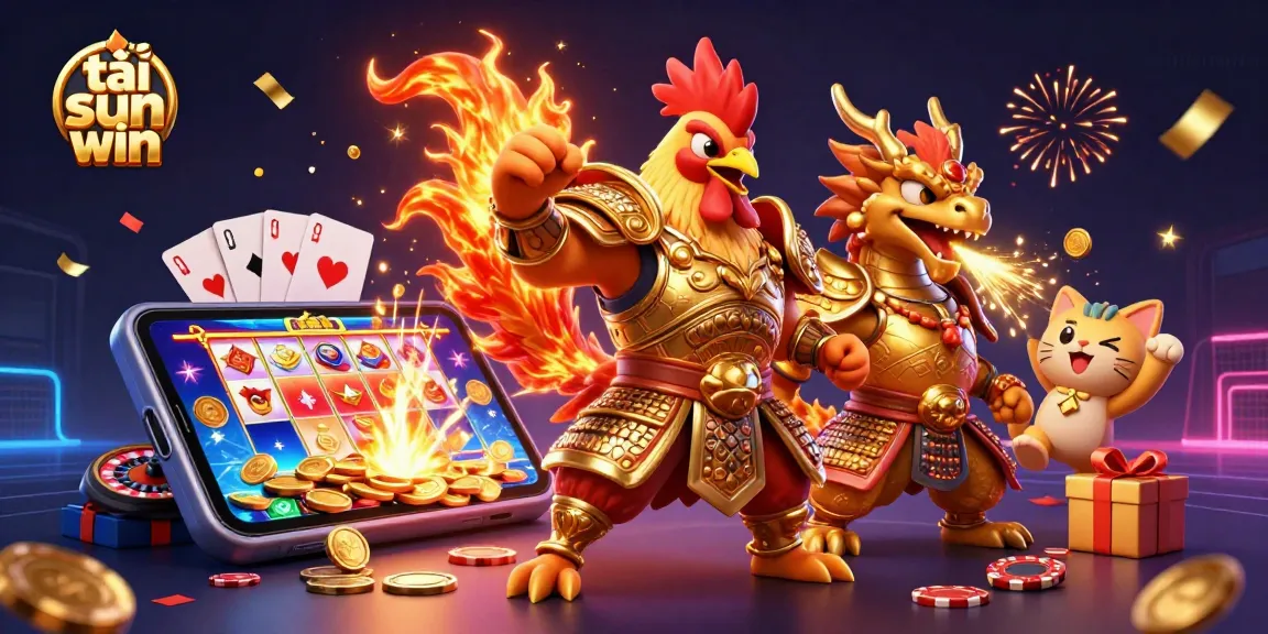 Engage in vibrant gaming action with the tải sun win mobile app, showcasing a warrior rooster and dragon surrounded by slot game excitement.