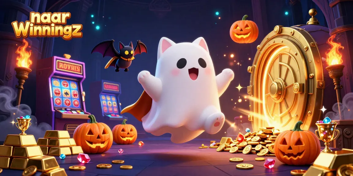Win met kleurrijke slotspellen en spookachtige vibes naar Winningz bij deze avontuurlijke casino-illustratie.