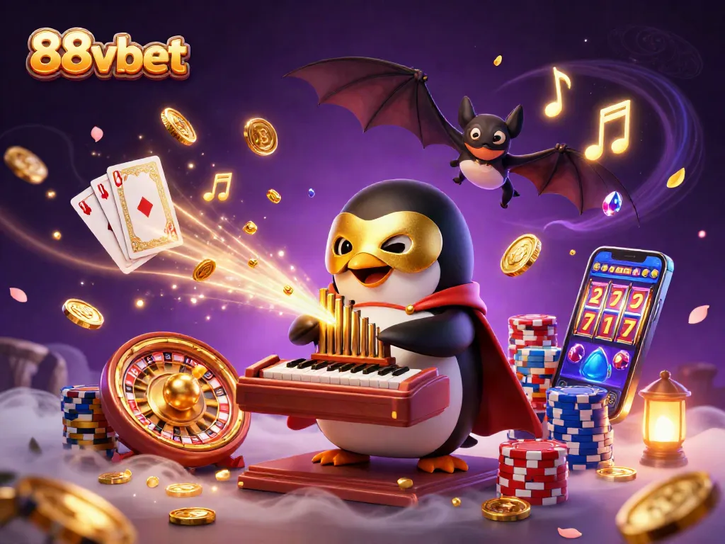 Engage with 88vbet as a phantom penguin plays an organ while coins and gems cascade in 3D.