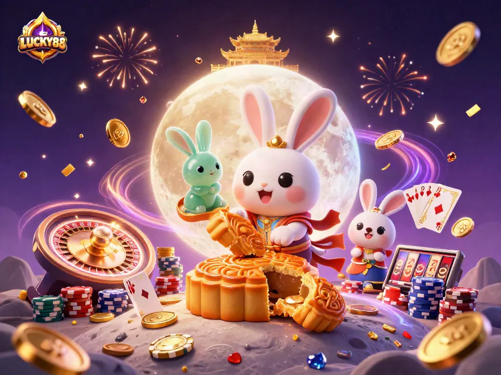 Experience the excitement of LUCKY88 with a 3D animated scene of a moon rabbit revealing casino treasures.