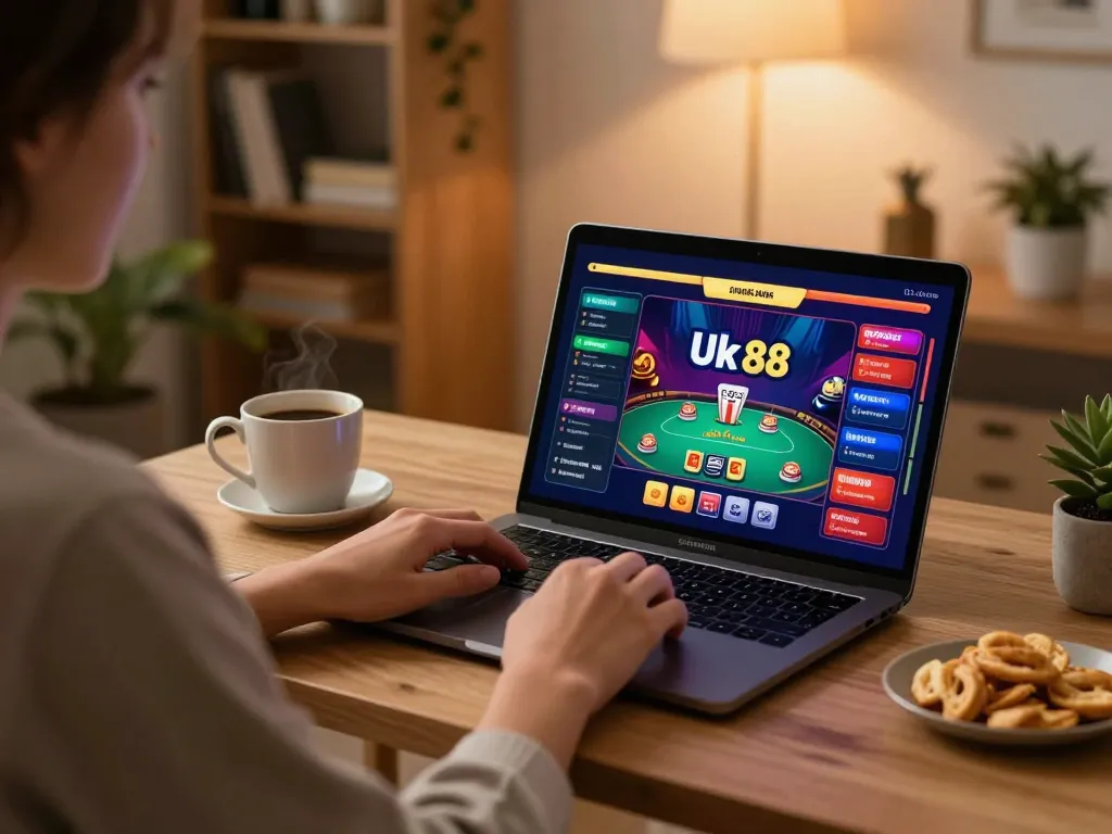 Engaged player using Uk 88 platform for online poker from a cozy home setup.