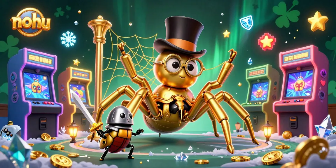 Nohu players winning big at a casino with a cartoon tarantula, beetle knight, and arcade games.