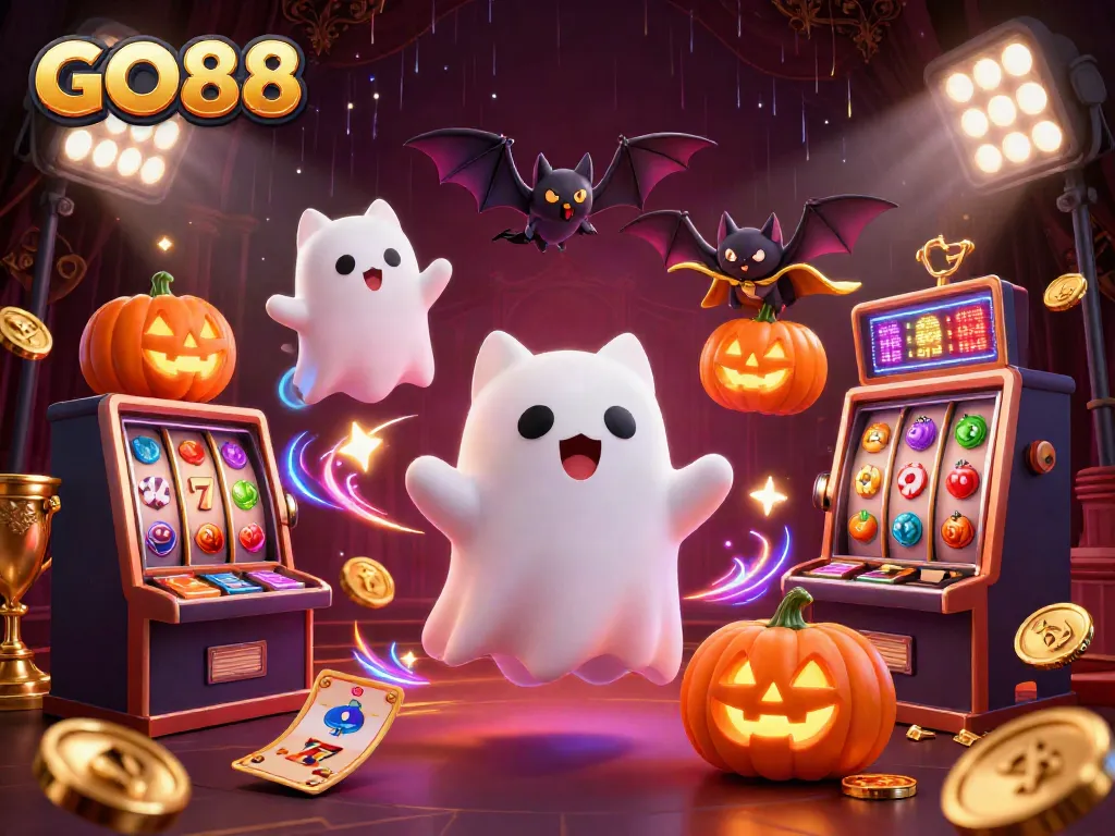 Engage in winning strategies at GO88 with a ghost cat and vampire bat in a lively casino scene.