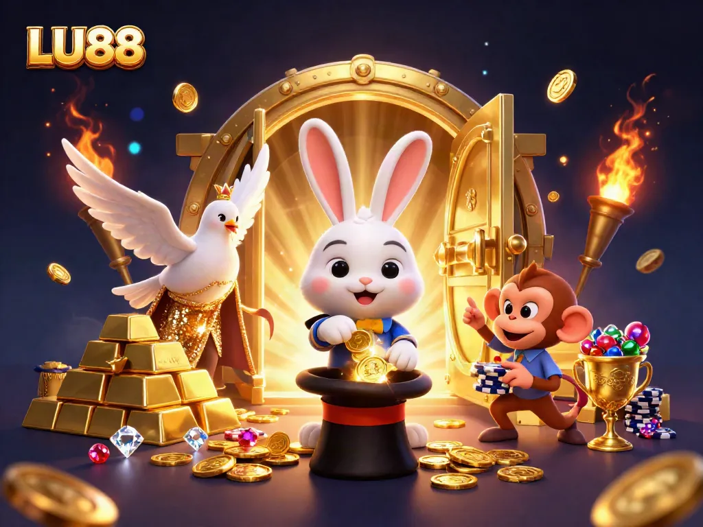 Experience the excitement of LU88 with a magician, dove, and monkey surrounded by casino treasures.