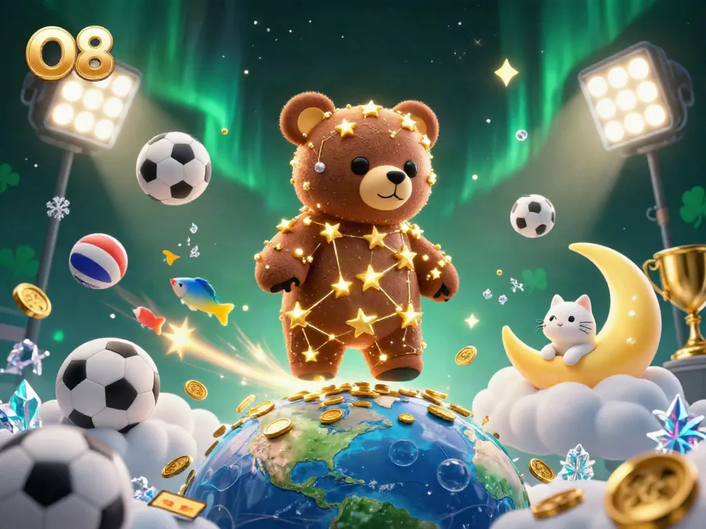 Engage in thrilling betting at O8 with a dynamic scene of a constellation bear and sports elements.