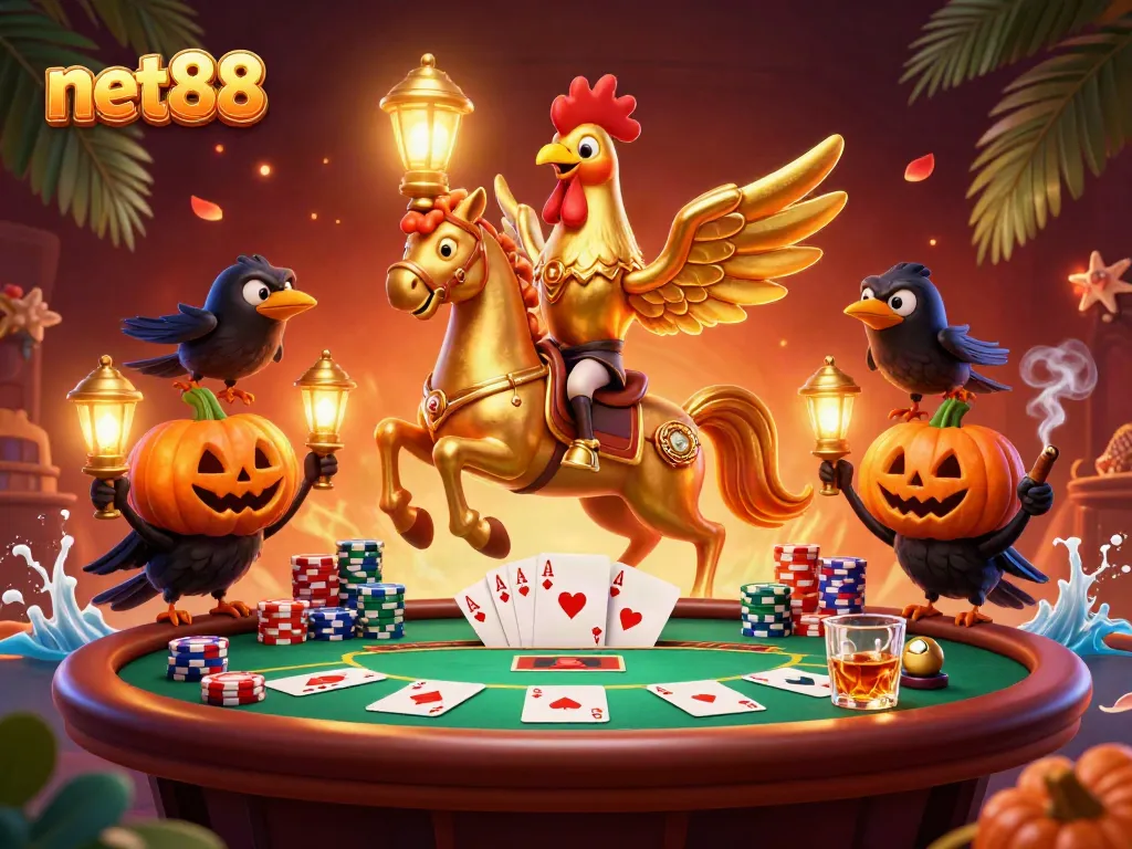 Engage in thrilling gameplay at net88 with a golden rooster in a vibrant casino scene.