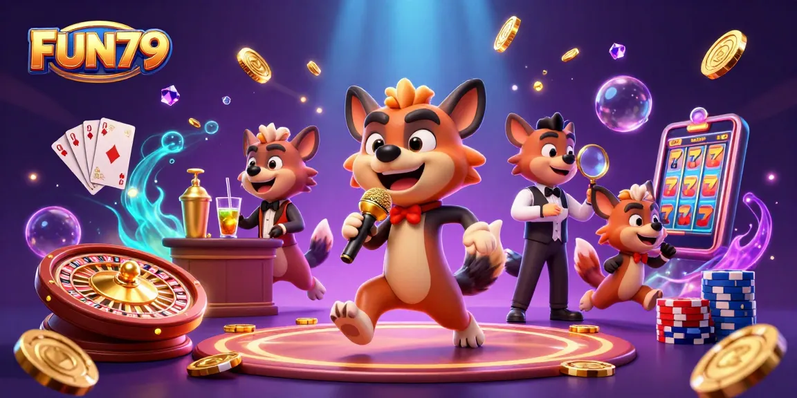 Experience FUN79 with lively hyena characters at a vibrant casino scene showcasing games and glimmering coins.