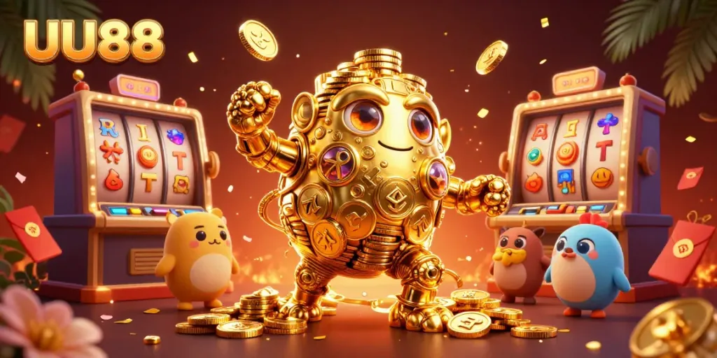 Engaging scene featuring UU88 with a golden golem and 3D slot machine symbols, creating a vibrant casino atmosphere.