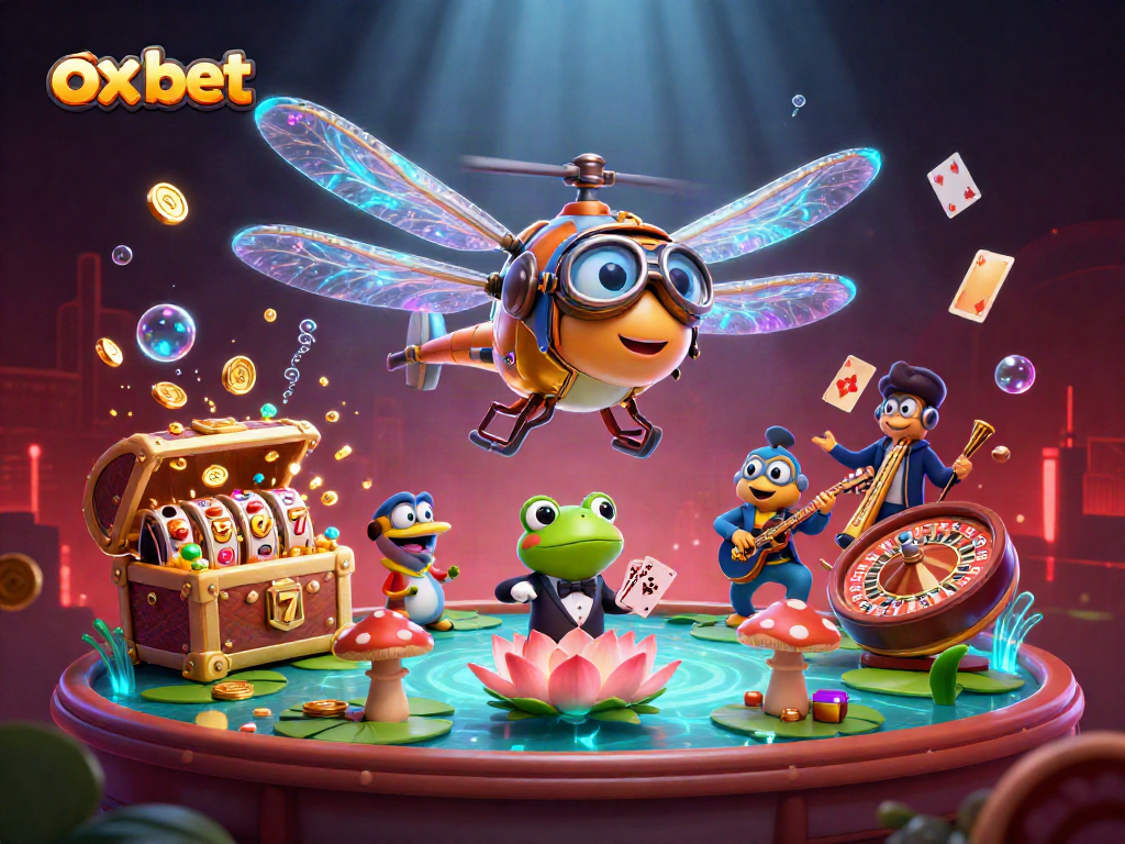 Experience exciting gameplay at ox bet with a lively scene of a dragonfly pilot and frog croupier surrounded by rich casino elements.