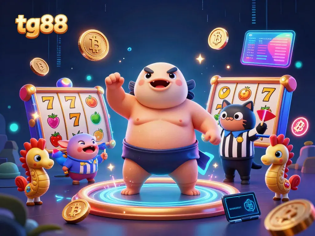 Engage with thrilling tg88 slot games in an underwater casino featuring cartoon characters and crypto elements.