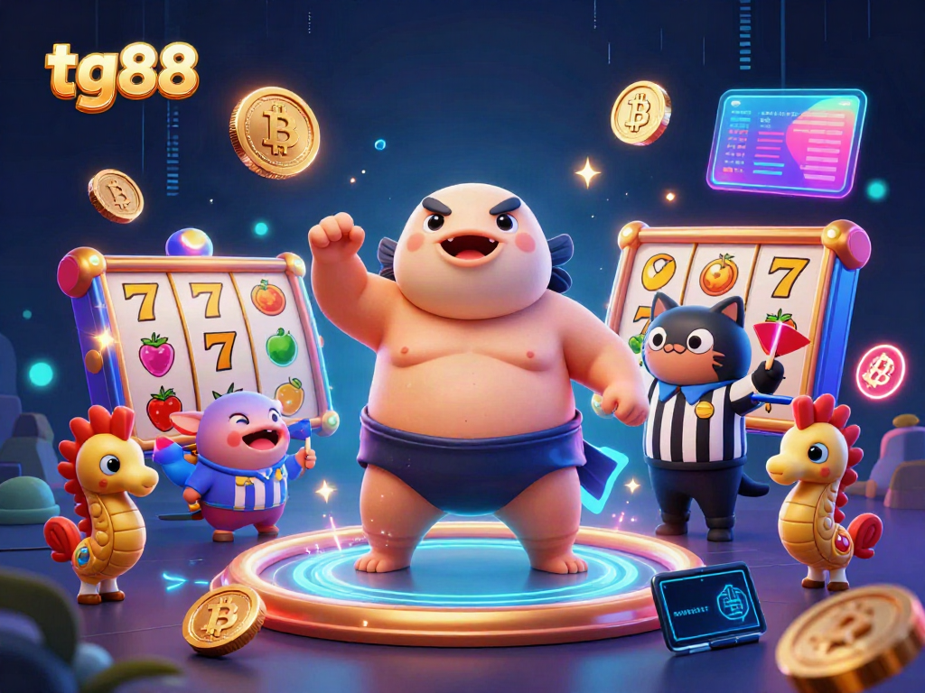 Engage with thrilling tg88 slot games in an underwater casino featuring cartoon characters and crypto elements.