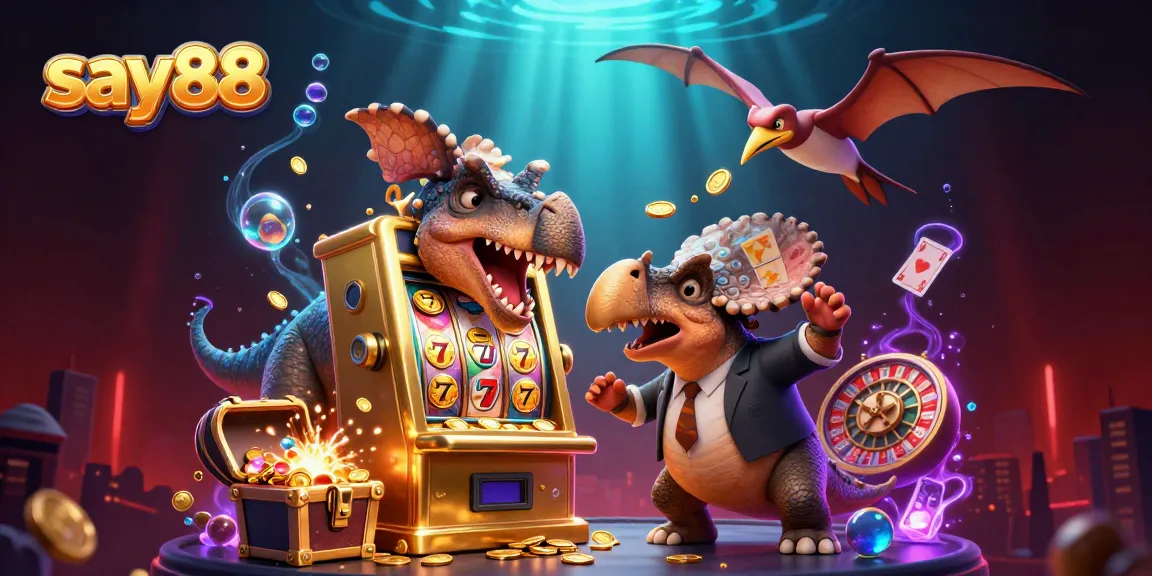 say88 showcases a dynamic 3D scene where a cartoon dinosaur activates a jackpot slot machine amidst colorful casino elements.