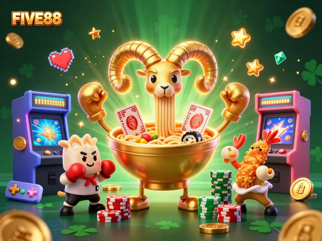 FIVE88 promotes winning strategies with a bustling 3D casino scene showcasing vibrant characters.