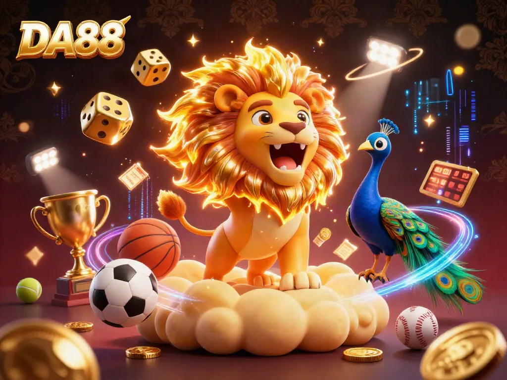 Engage in the thrilling universe of DA88 with iconic characters, golden dice, and vibrant sports elements.