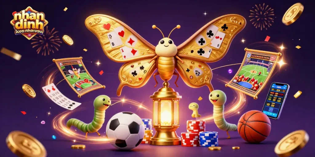 Engaging scene of nhan dinh keo nha cai featuring a cartoon moth and sports elements in a dynamic casino setting.