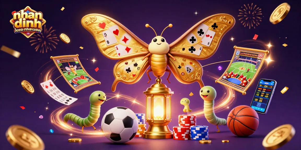 Engaging scene of nhan dinh keo nha cai featuring a cartoon moth and sports elements in a dynamic casino setting.