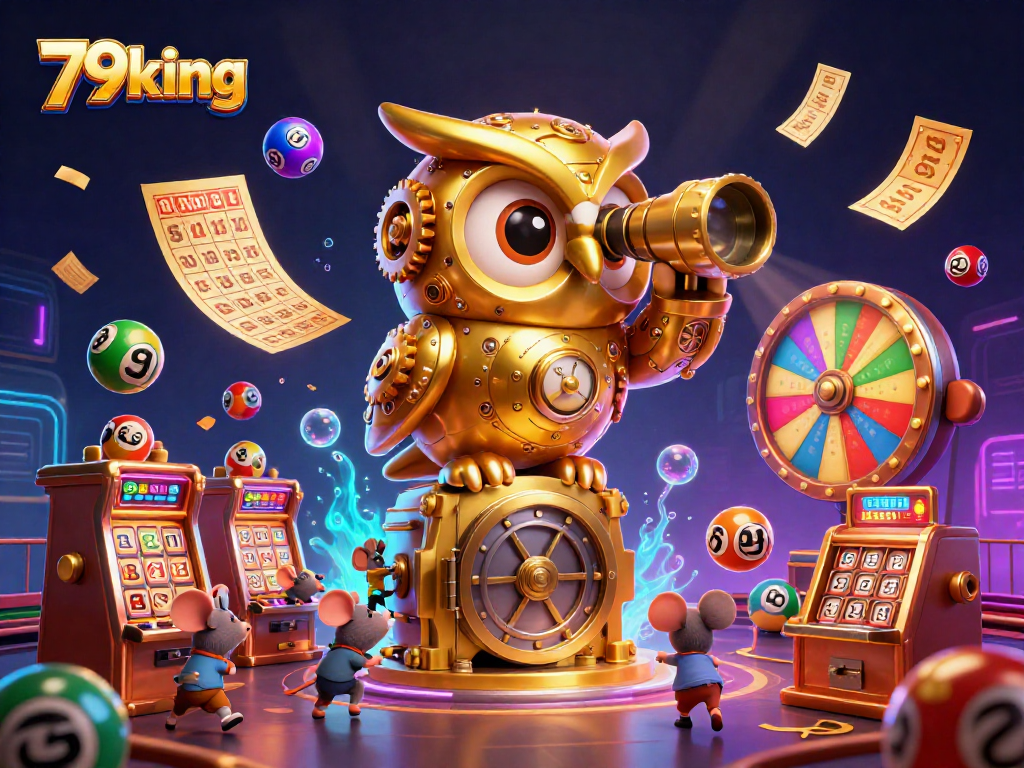 Engage in thrilling gameplay at 79king with vibrant lottery balls and a clockwork owl in the casino.