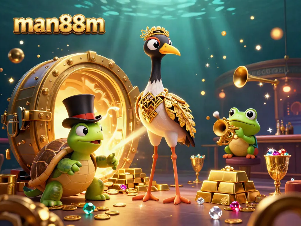 Experience winning with man88m in a vibrant 3D casino scene featuring a crane, turtle, and frog.
