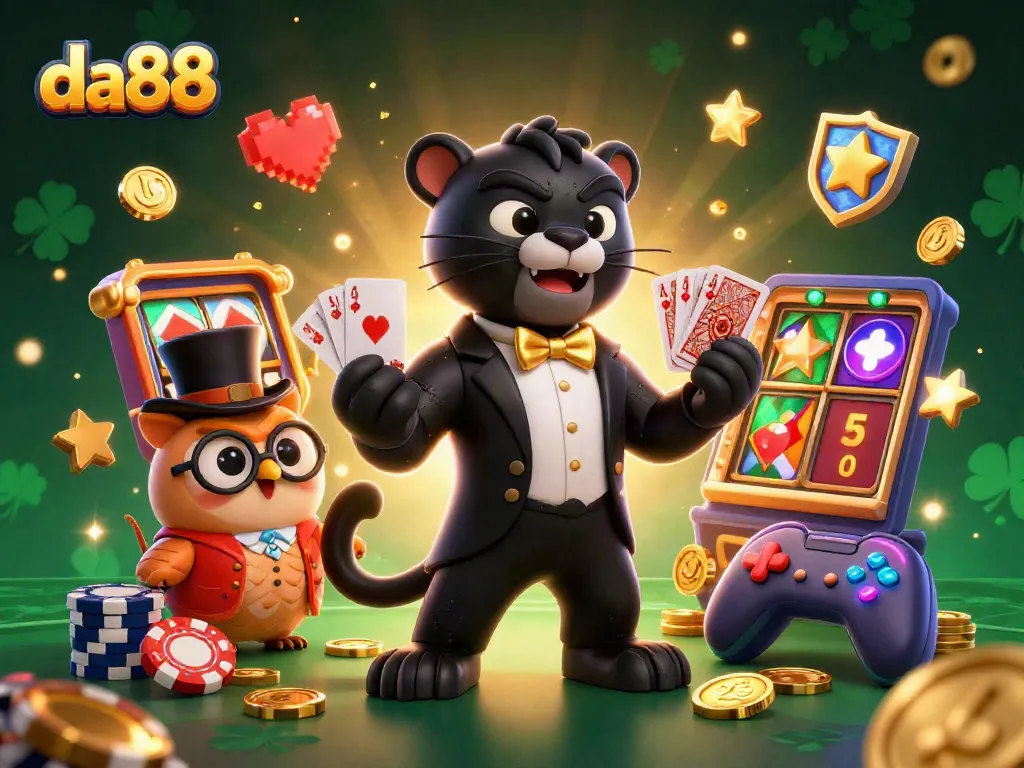 Join da88 with a stylish panther dealer and charming owl in a vibrant casino scene featuring colorful slot elements.