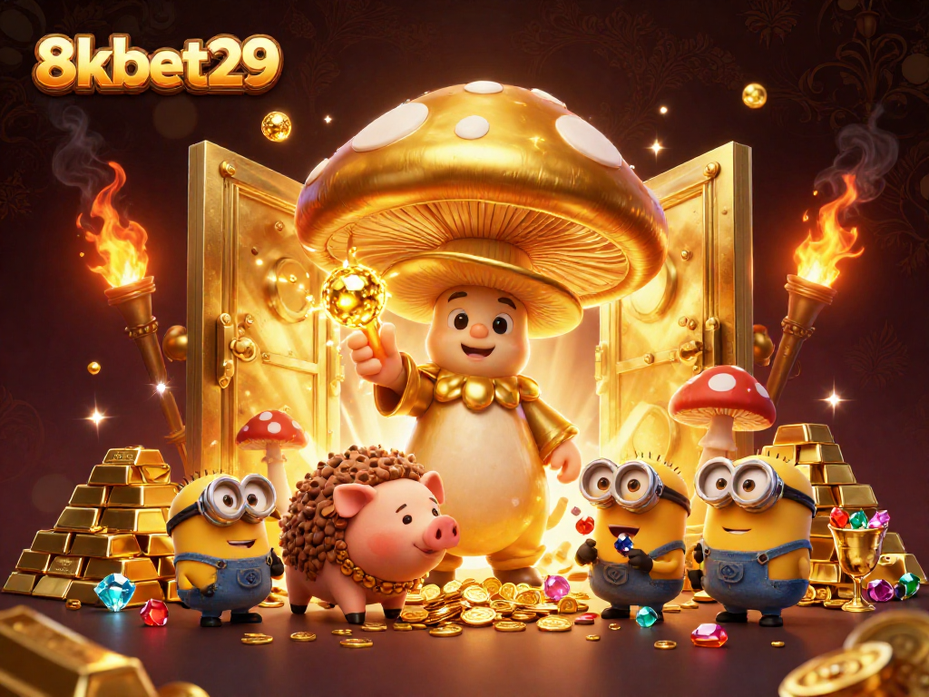 Engage in thrilling gaming with the vibrant 8kbet29 mascot character and dynamic treasure elements.